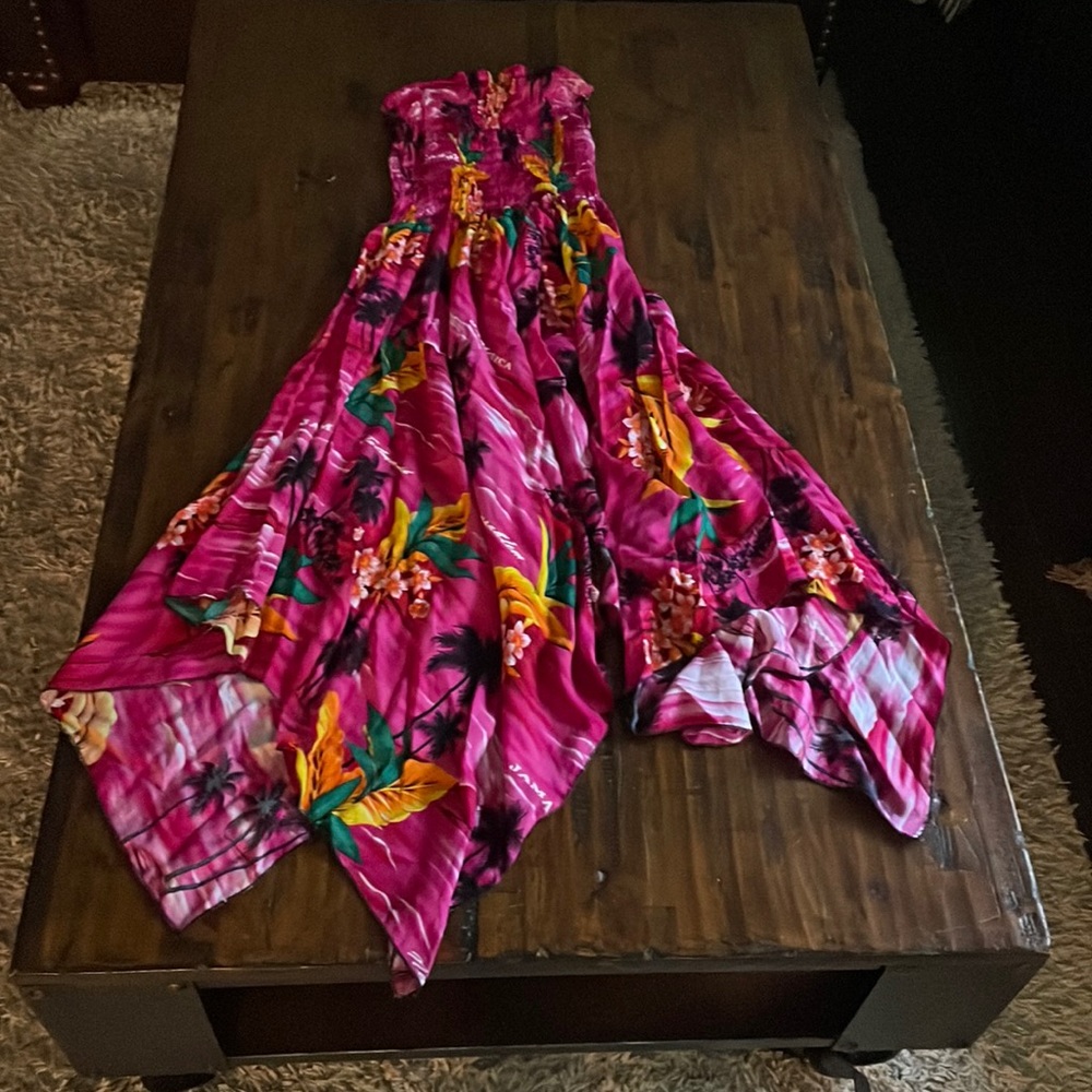 Asymmetrical Flowy Hawaiian Jamaican Smocked Midi Dress - one size